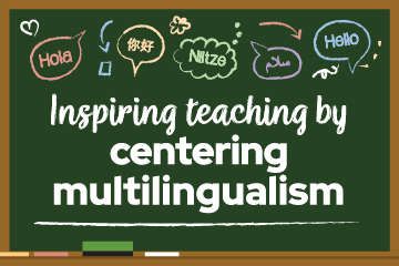 chalkboard with the conference theme words inspiring teaching by centering multilingualism