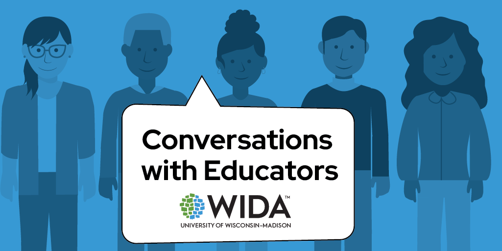 speech bubble with wida logo says conversations with educators over illustration of row of people