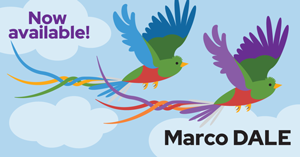 illustration of two colorful birds flying with words now available marco dale