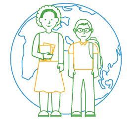 line drawing of teacher and student in front of large globe