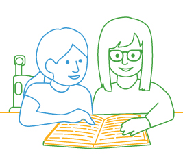 line drawing of two students reading together