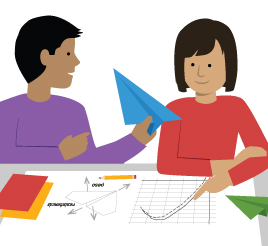illustration of two students with a variety of materials that represent paper airplanes