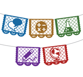 Illustration of strings of five Mexican-style flags with symbols representing the five standards