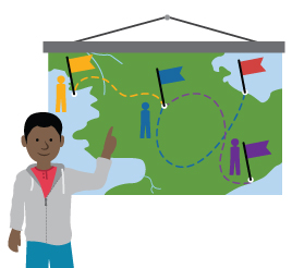Illustration of student pointing to map with three dotted line paths ending at a flag and a figure on each path