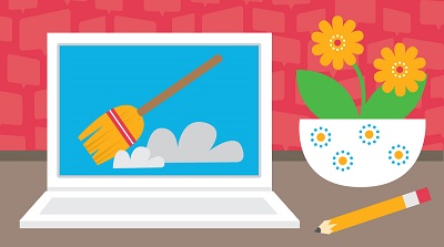 WIDA Spring Cleaning graphic with a laptop and flowers