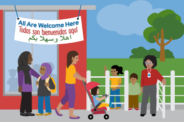 illustration of multicultural family members painting a mural together
