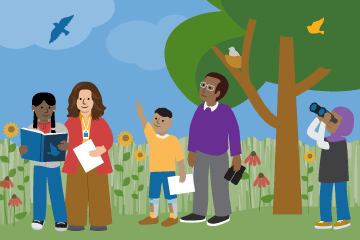 illustration of a teacher with a family learning about birds in a garden