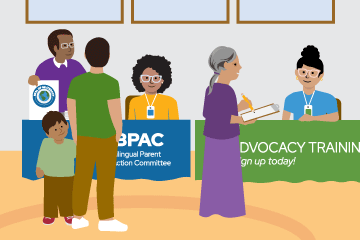 illustration of family members at an information fair