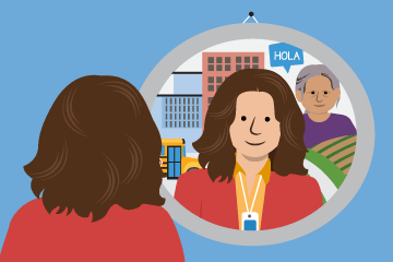 illustration of person looking in a mirror with a community in the background