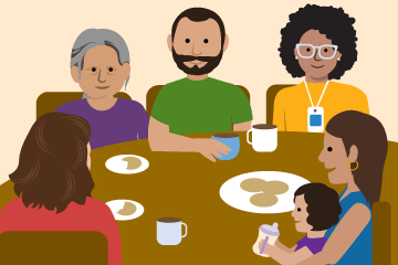 illustration of people sitting around a table with coffee and cookies