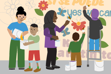 illustration of multicultural family members painting a mural together